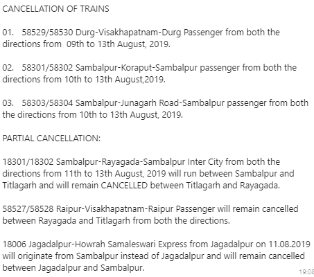 East Coast Railway: In view of heavy rain causing flood situation and washing away of mud and ballasts from railway track between Doikalu and Ambodala Stations in Rayagada-Titilagarh Railway section, following trains have been cancelledpartially cancelled. Odisha