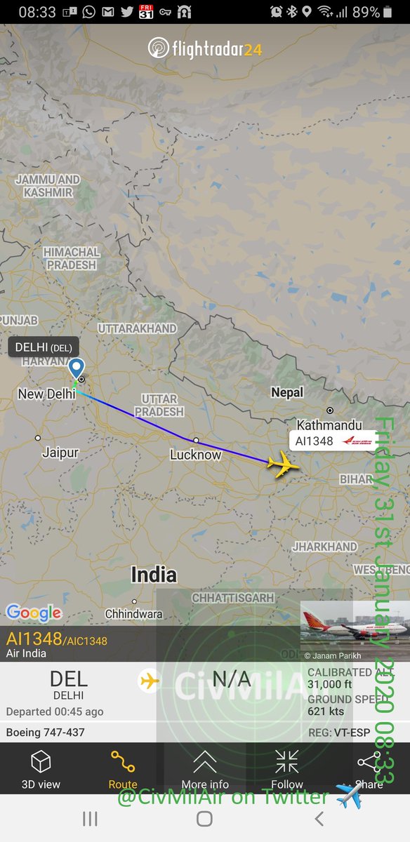 Air India 747 coronavirus evacuation flight out from Delhi heading to Wuhan