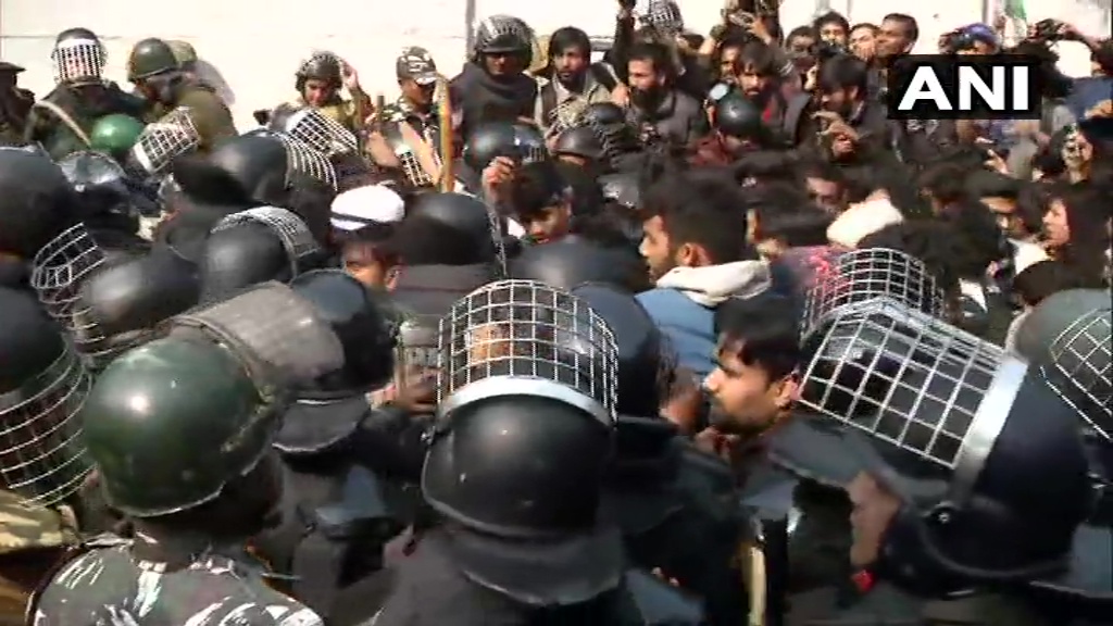 Delhi: Jamia Coordination Committee's (JCC) protest march against CAA, NRC, & NPR, from Jamia to Parliament, stopped by security forces near Holy Family Hospital in Okhla