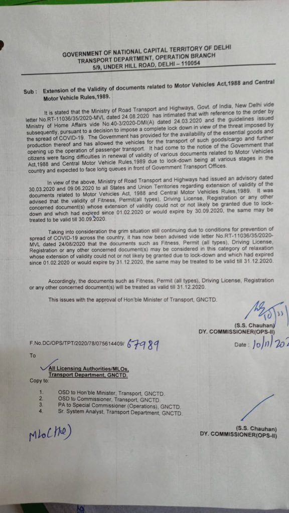 In view of COVID19, Delhi Government extends the validity of all vehicle-related documents till 31 December, 2020