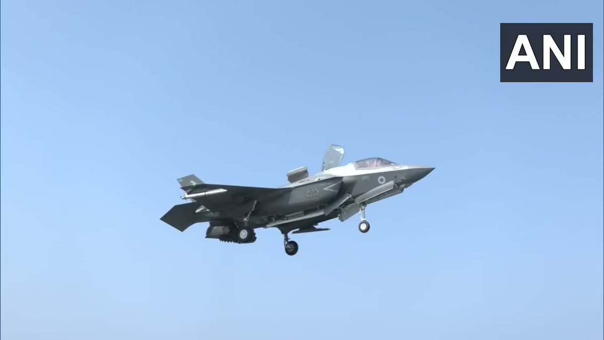 F-35B fifth generation fighter aircraft lands vertically on the British Royal Navy aircraft carrier HMS Queen Elizabeth in Arabian Sea near Mumbai. Warship is in India for a joint exercise with Indian forces