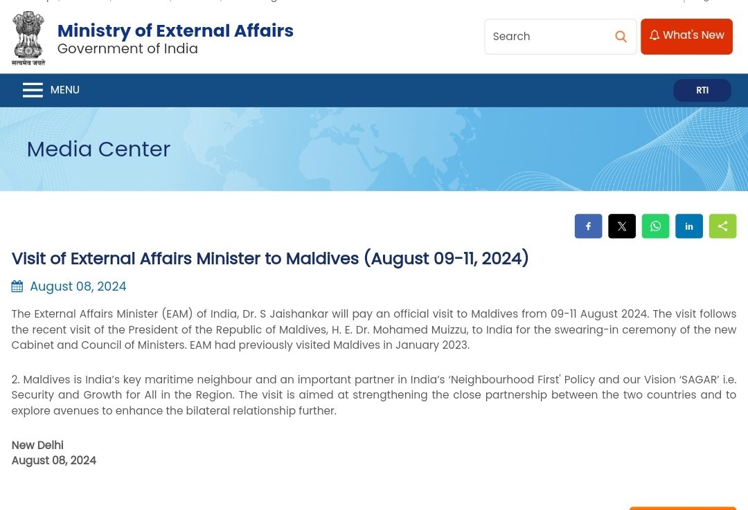L'EAM Dr S Jaishankar se rendra aux Maldives du 9 au 11 août. Annonce du MEA : le ministre des Affaires étrangères, le Dr S Jaishankar, se rendra aux Maldives en août.