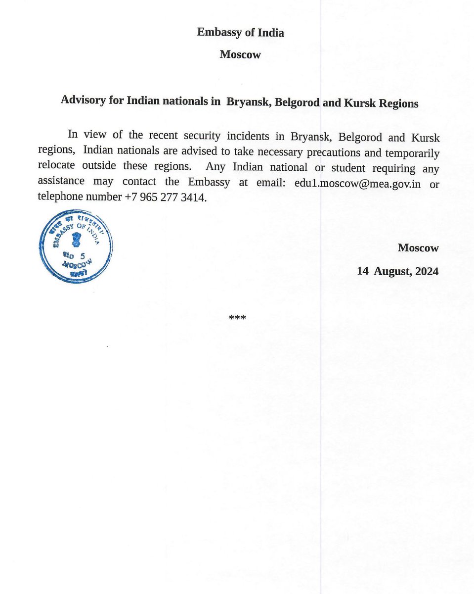 Embaixada da Índia na Rússia emite aviso para cidadãos indianos nas regiões de Bryansk, Belgorod e Kursk