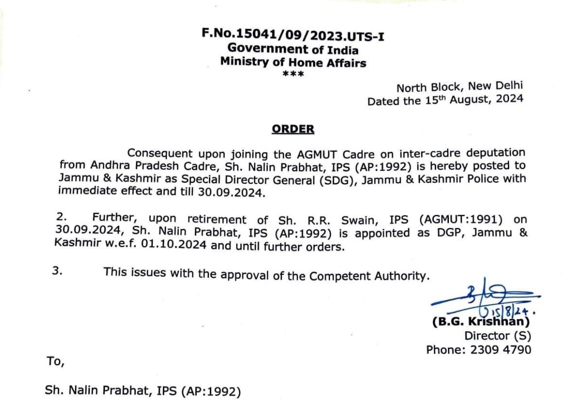 El oficial superior de IPS Nalin Prabhat (AP: 1992) fue designado como el próximo DGP de Jammu