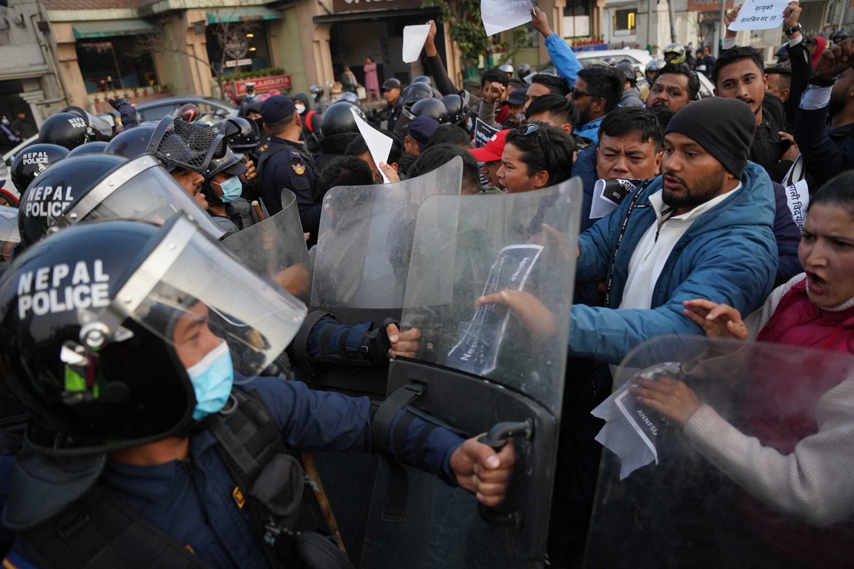 Nepali students protest outside the Indian Embassy in Kathmandu after mistreatment faced by students at KIIT University in Odisha, India. Prakriti Lamsal, a third-year B Tech student from Nepal, died by suicide at the University after facing molestation by a student