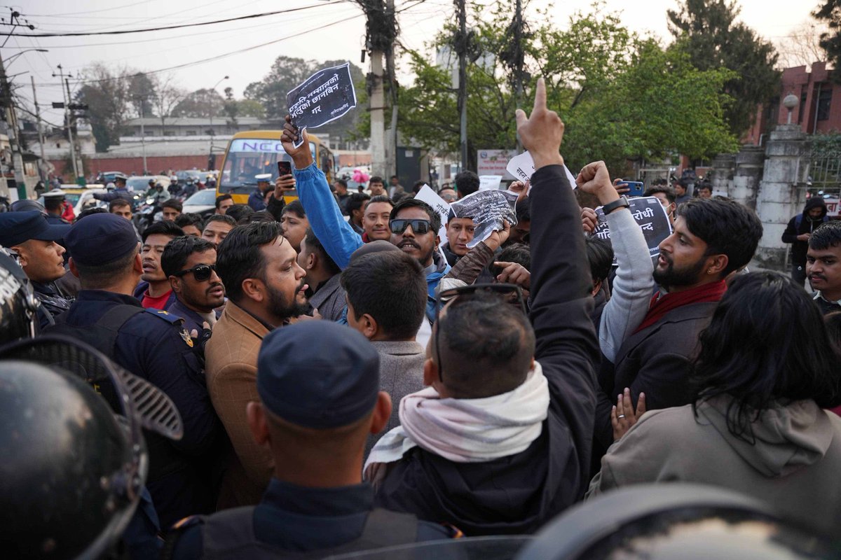 Nepali students protest outside the Indian Embassy in Kathmandu after mistreatment faced by students at KIIT University in Odisha, India. Prakriti Lamsal, a third-year B Tech student from Nepal, died by suicide at the University after facing molestation by a student