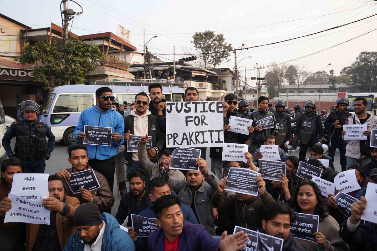 Nepali students protest outside the Indian Embassy in Kathmandu after mistreatment faced by students at KIIT University in Odisha, India. Prakriti Lamsal, a third-year B Tech student from Nepal, died by suicide at the University after facing molestation by a student