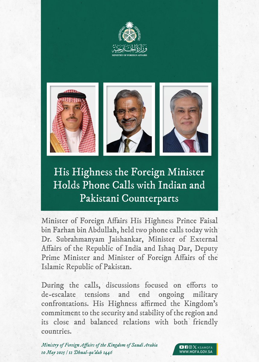 Saudi Arabia says FM Farhan spoke to Indian, Pakistani foreign ministers; called for de-escalation, end to military confrontation