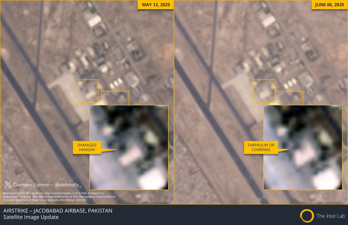 Recente beelden van de luchtmachtbasis Jacobabad in Pakistan geven aan dat de hangar die beschadigd raakte bij de Indiase luchtaanval nu bedekt is met zeildoek/een andere bedekking, wat mogelijk duidt op reparatiewerkzaamheden/restauratie die momenteel gaande zijn.