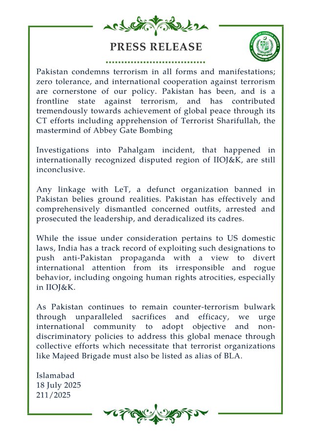 Pakistan kritisiert die Einstufung der Widerstandsfront als Terrorgruppe durch die USA. „Indien nutzt solche Einstufungen schon oft für antipakistanische Propaganda, behauptet das pakistanische Außenministerium.