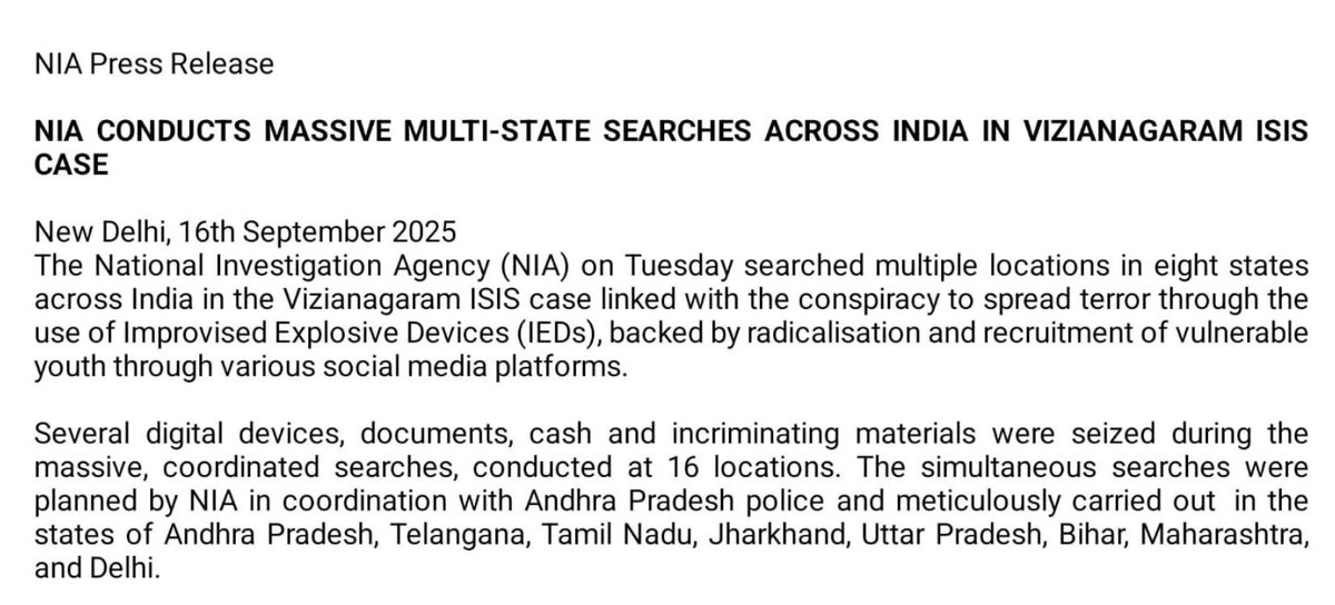 L'Agence nationale d'enquête (@NIA_India) mène des opérations antiterroristes dans 16 localités réparties dans huit États, en lien avec l'affaire de l'État islamique (EI) de Vizianagaram (Vizag), Andhra Pradesh, Inde.