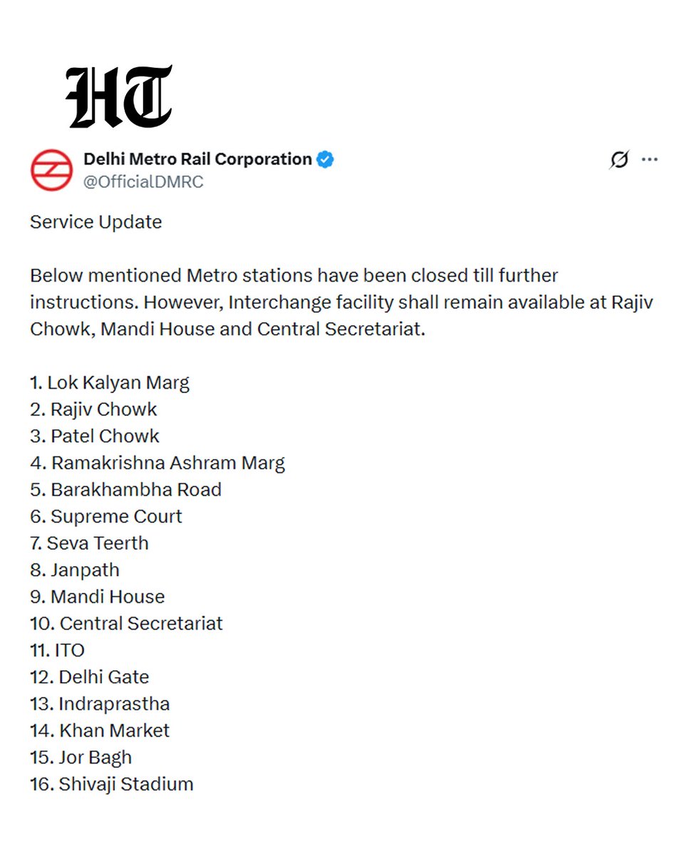 At least 16 Delhi Metro stations, including Rajiv Chowk, Central Secretariat and Mandi House, were closed on Wednesday morning due to security reasons, the Delhi Metro Rail Corporation (DMRC) said