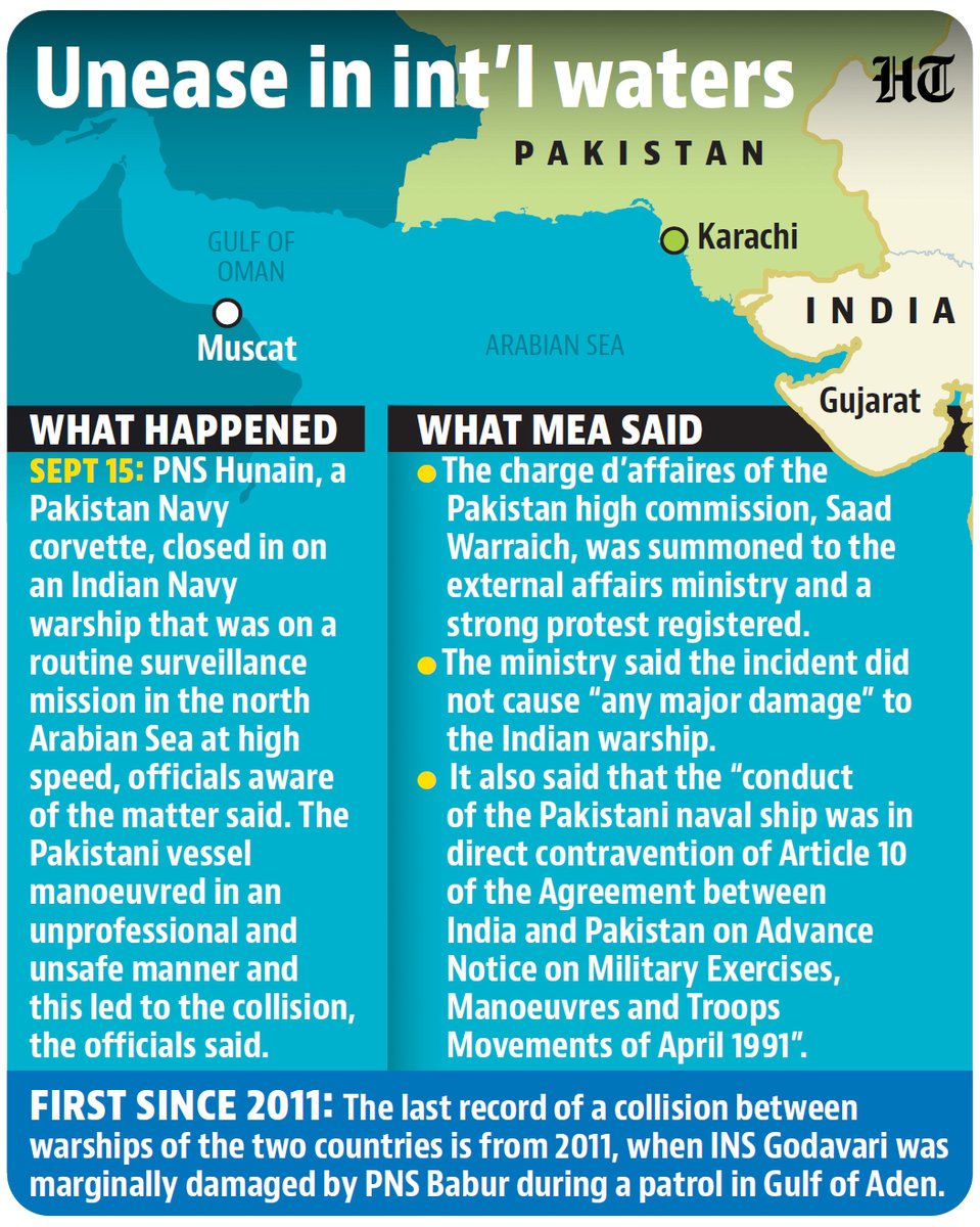 A Pakistan Navy vessel collided with a frontline Indian warship in the Arabian Sea after manoeuvring in an unprofessional and unsafe manner, prompting New Delhi to summon Pakistan's most senior diplomat on Wednesday to lodge a strong protest over the incident